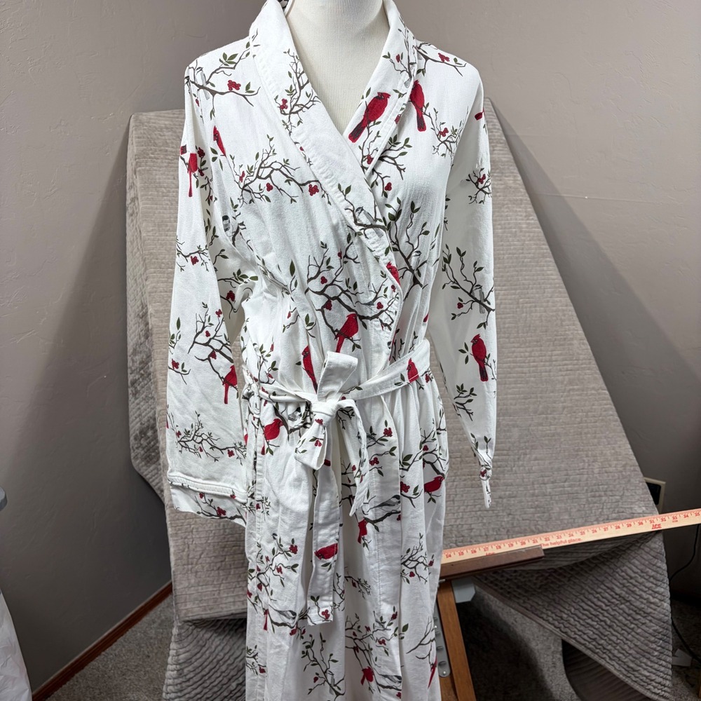 Vermont Country Store Flannel Robe L White Cardinal Bird Print Cotton Portugal